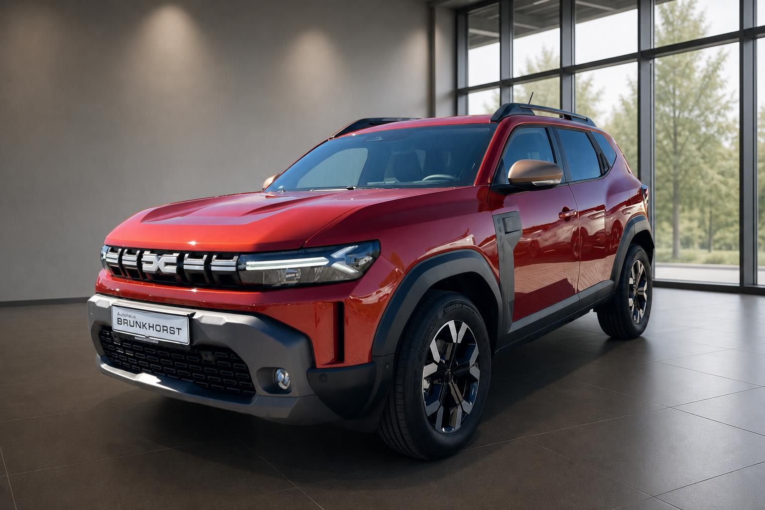 Roter Dacia SUV in modernem Showroom - Seitenansicht mit Dachgepäckträger