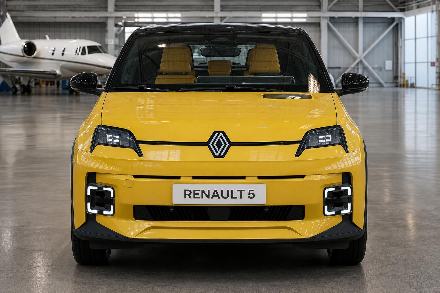 Renault 5 gelb Frontansicht mit LED-Tagfahrlicht und gelbem Interieur