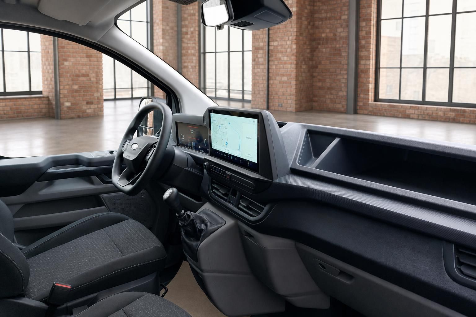 Ford Transit Cockpit mit großem Touchscreen-Navigationssystem und modernem Armaturenbrett