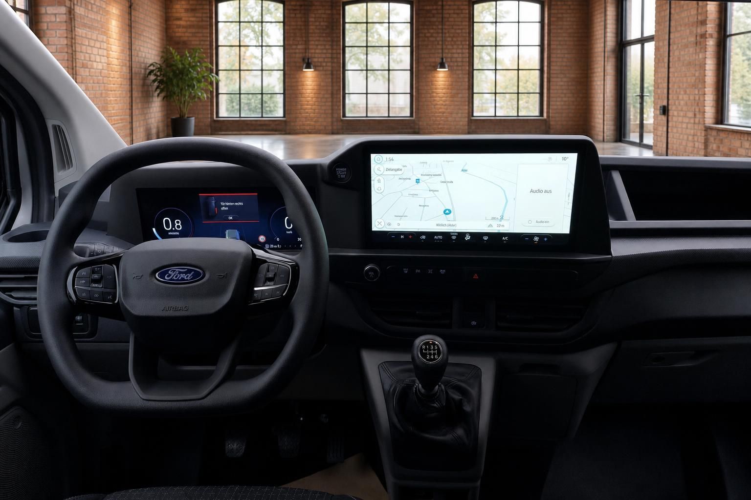 Ford Transit Innenraum mit digitalem Kombiinstrument, Touchscreen-Navigation und 6-Gang-Schaltgetriebe