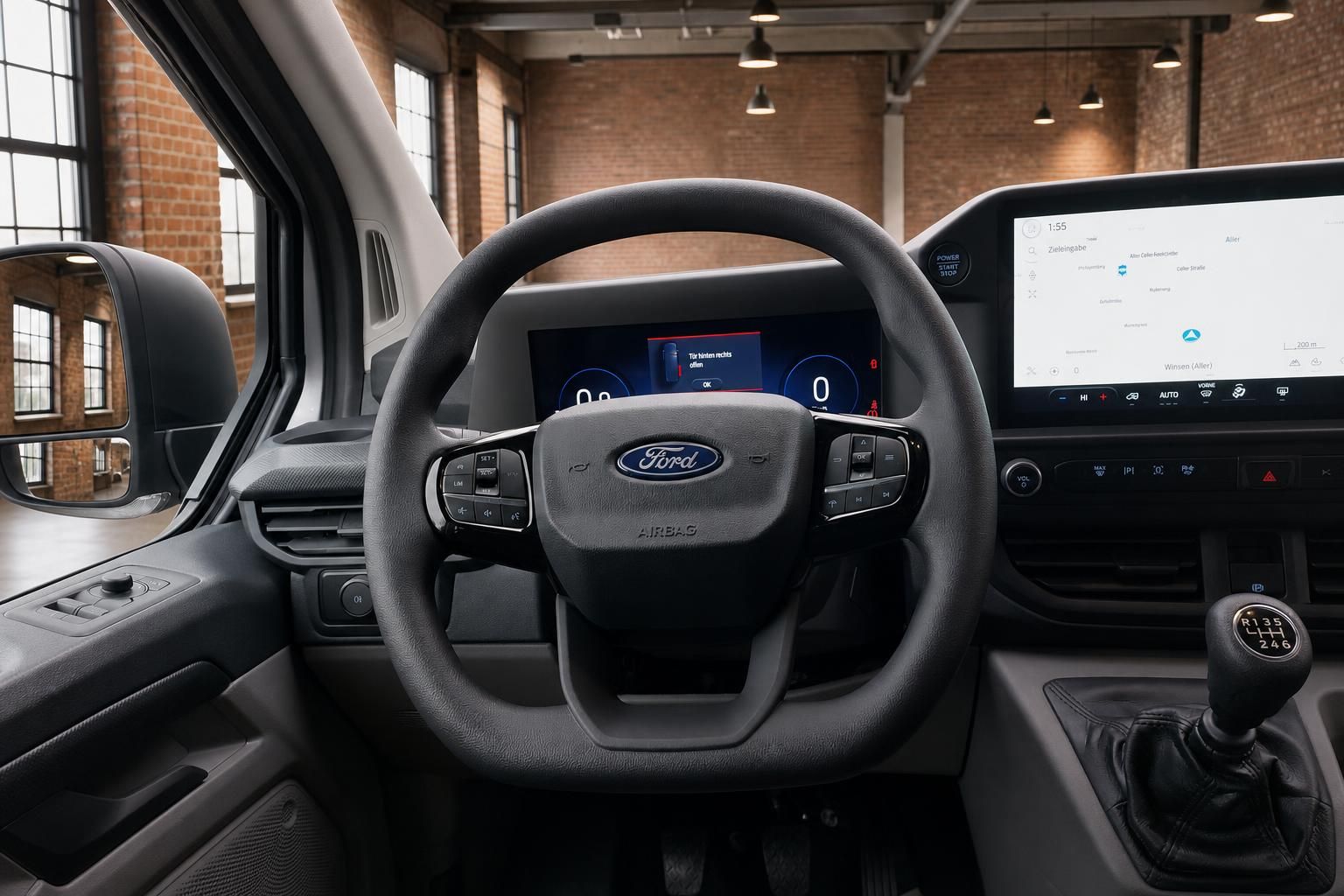 Ford Transit Lenkrad mit Multifunktionstasten, Airbag und digitalem Cockpit im Hintergrund