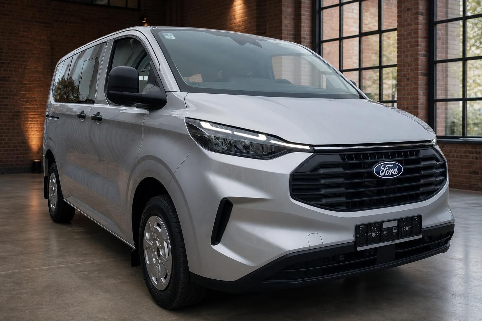 Ford Transit Custom silber Frontansicht schräg in Industriehalle
