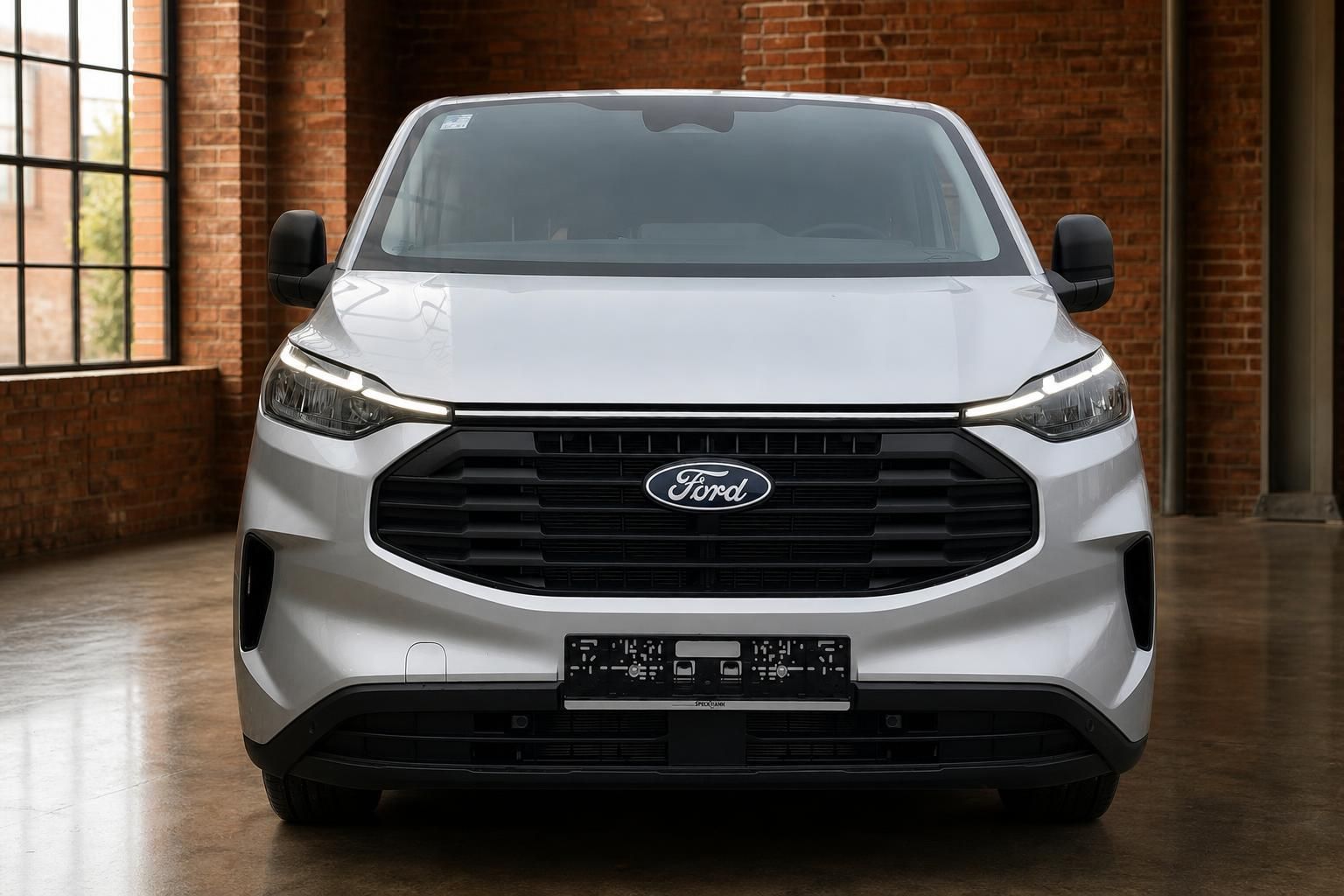 Ford Transit Custom weiss Frontansicht – moderner Transporter in Industriehalle
