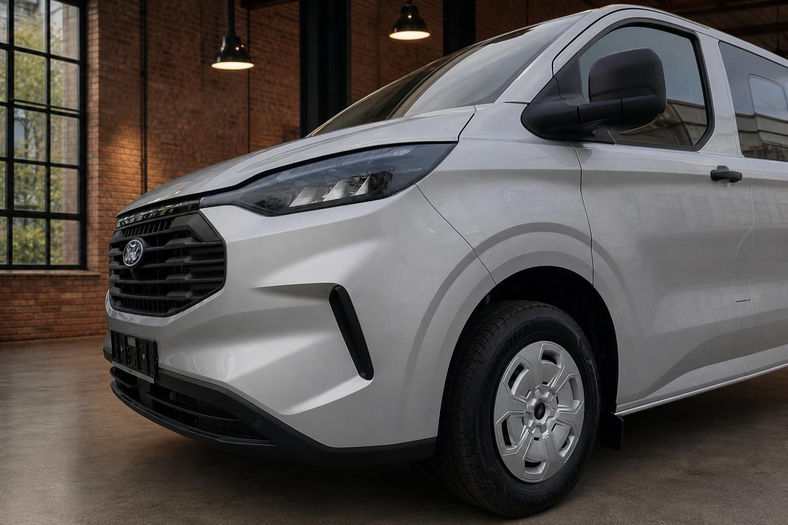 Ford Transit Custom weiss – Schrägansicht Front und Seite mit Scheinwerfer und Rad
