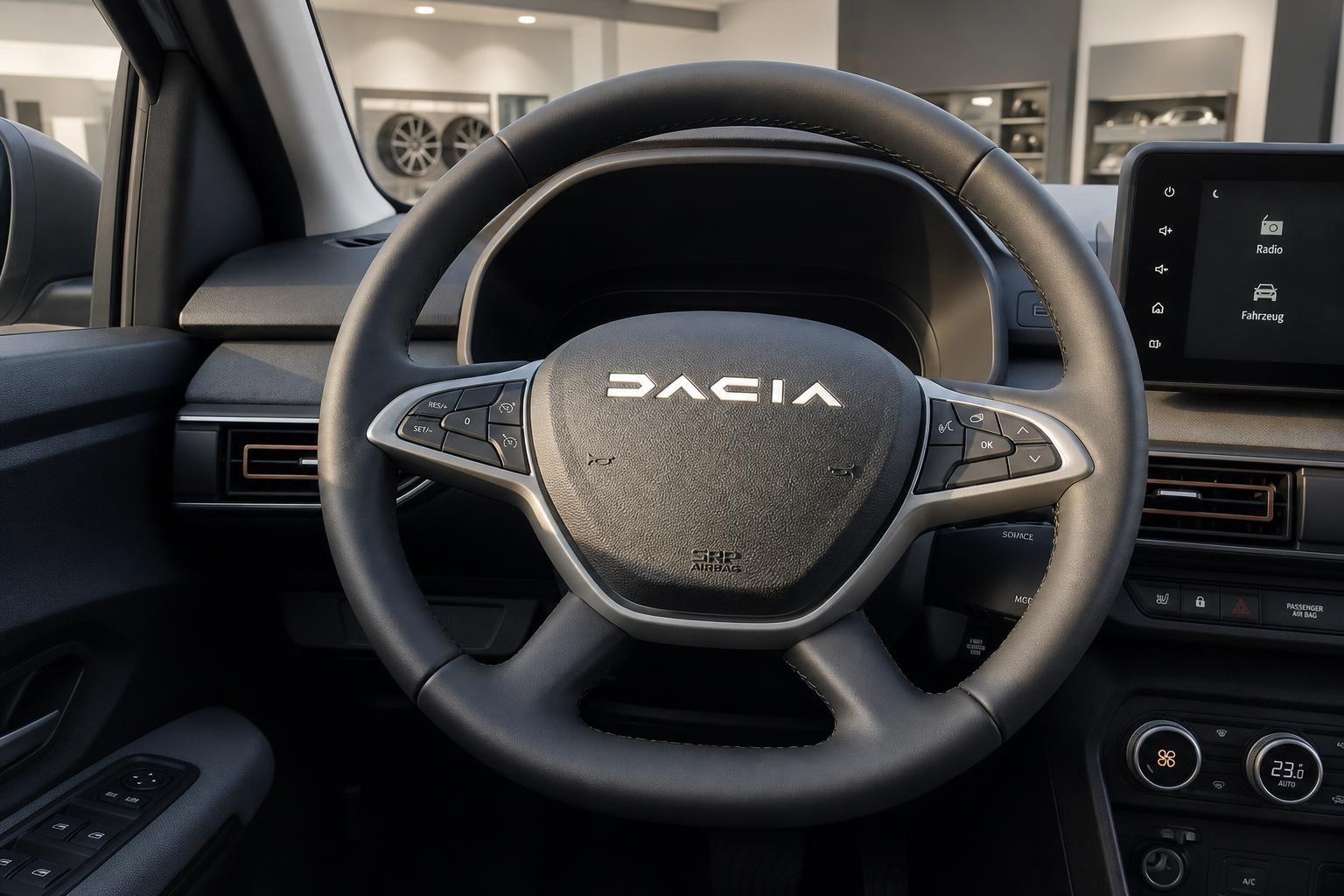 Dacia Lenkrad mit Airbag-Logo, schwarzes Leder mit Multifunktionstasten und Armaturenbrett