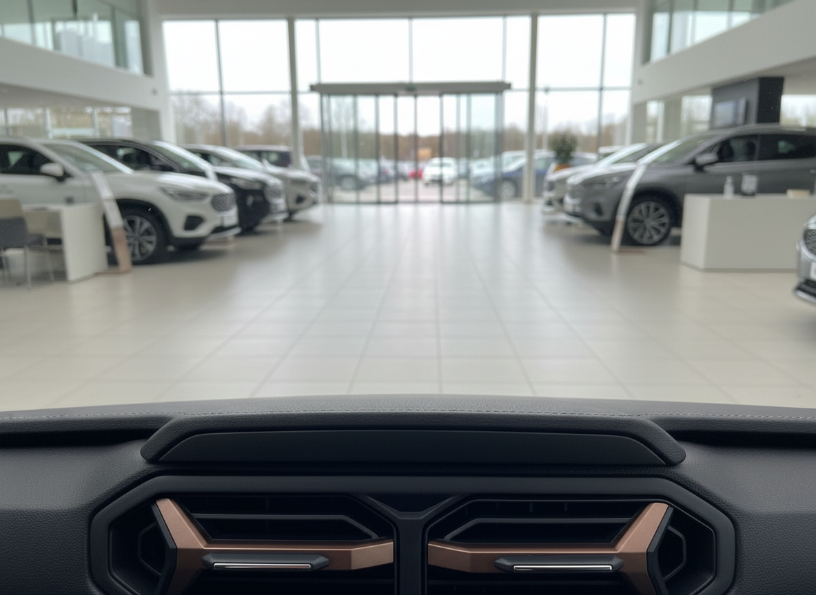 Fahrzeug-Innenraum mit kupferfarbenen Lüftungsdüsen im Autohaus-Showroom