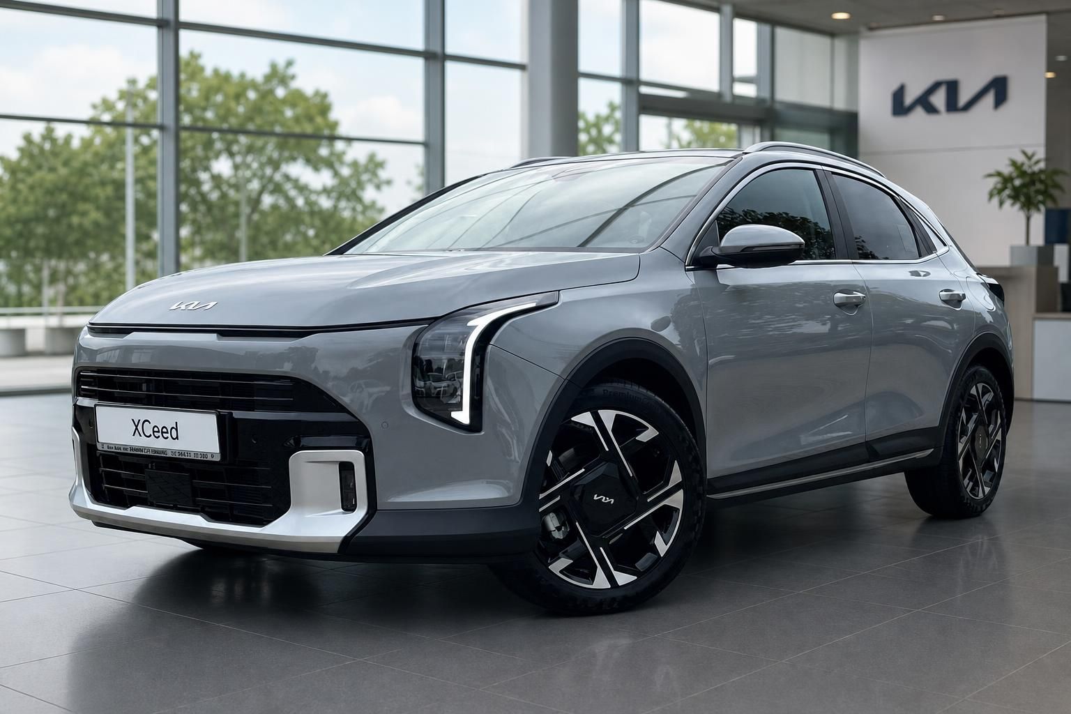 Kia XCeed in Grau, Frontansicht im Autohaus-Showroom