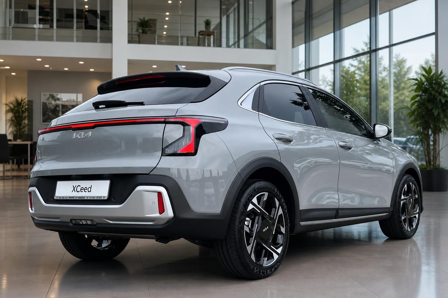 Kia XCeed grau, Heckansicht mit LED-Rückleuchten im Showroom