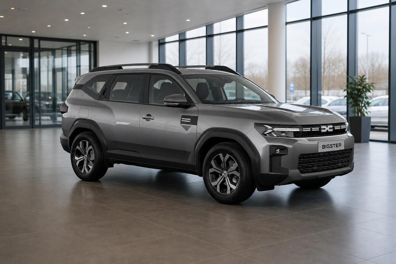Dacia Bigster in Grau, Frontansicht schraeg im Showroom