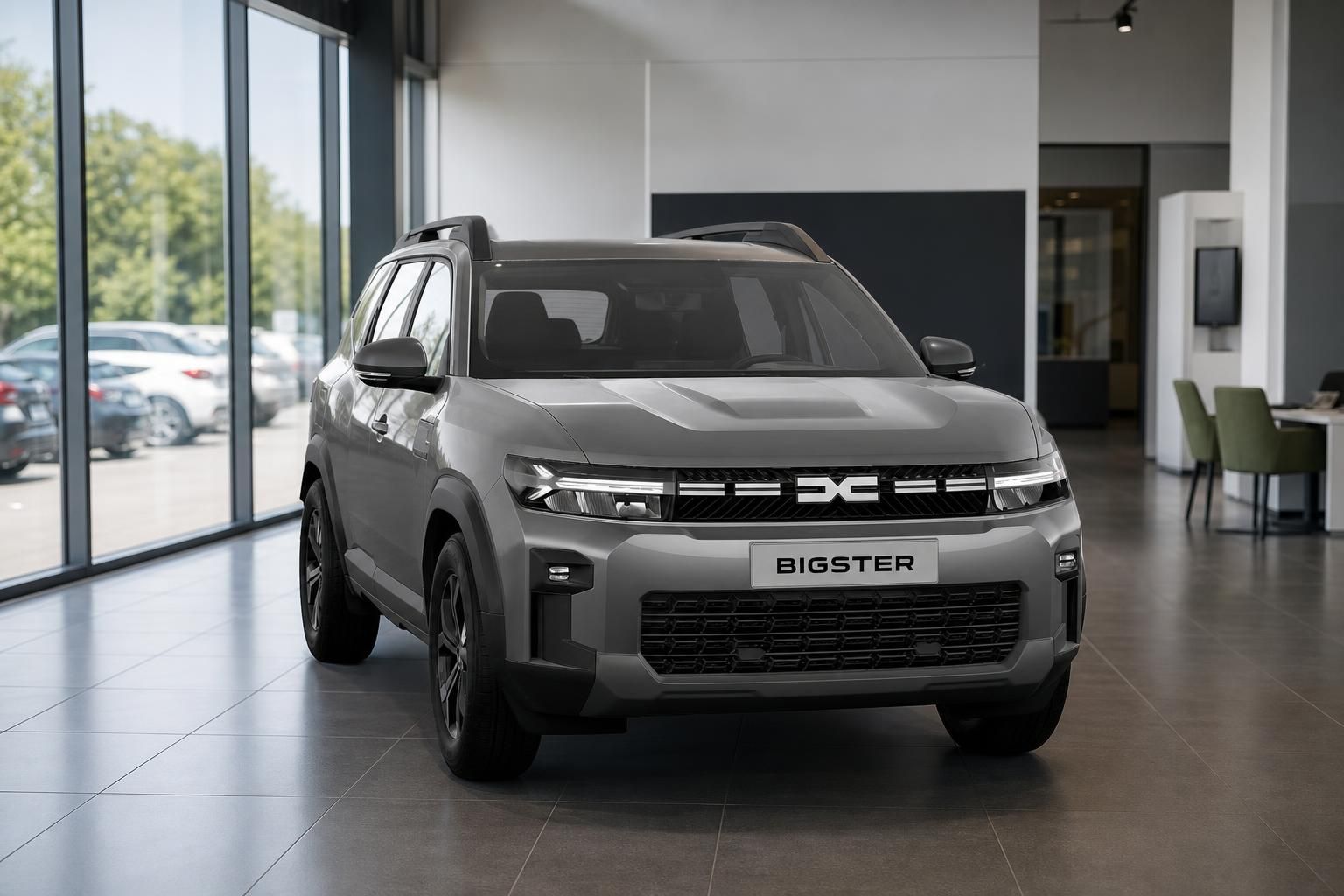 Dacia Bigster in Grau, Frontansicht im Autohaus-Showroom