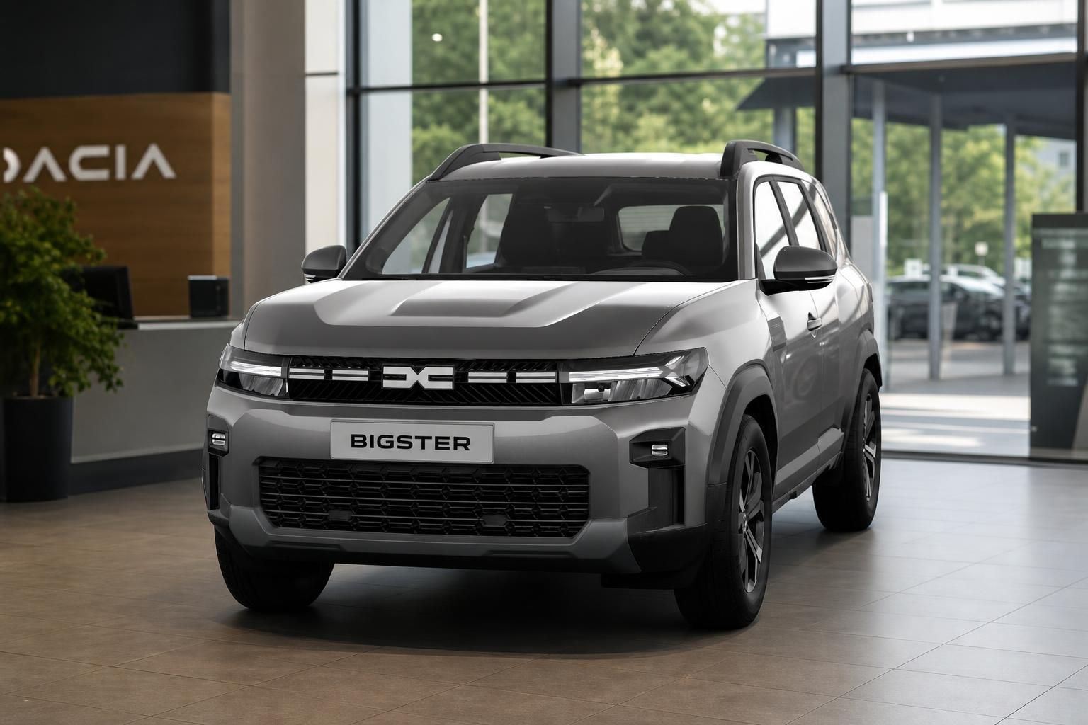 Dacia Bigster Frontansicht im Showroom mit Dacia-Logo im Hintergrund
