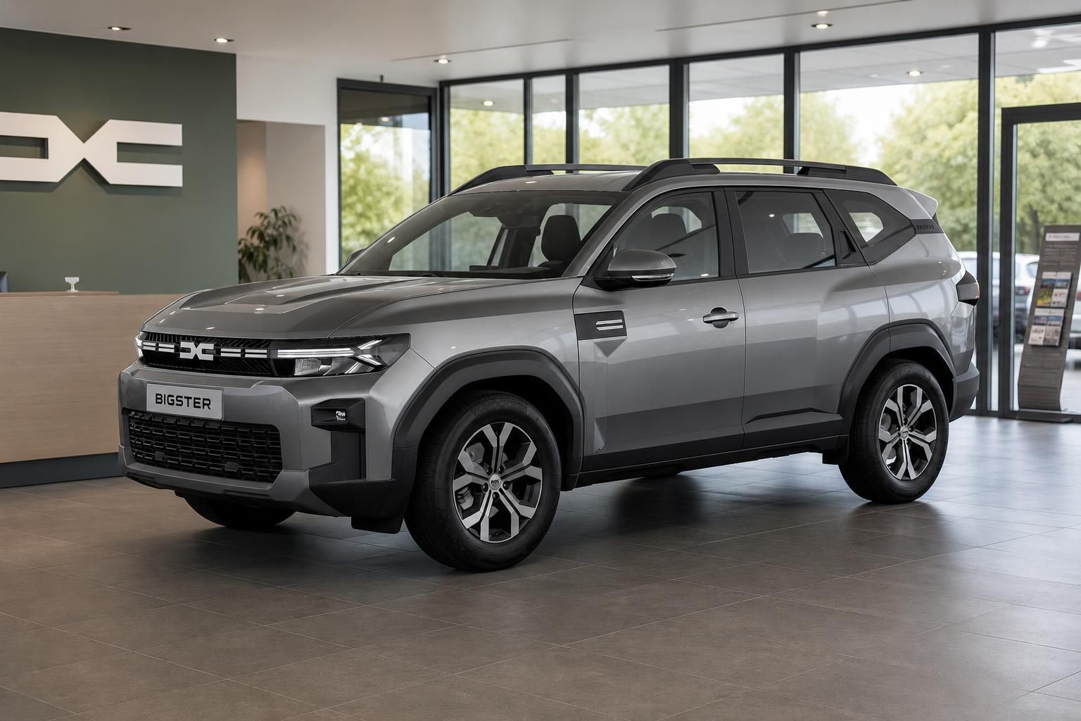 Dacia Bigster in Grau, Frontansicht im Autohaus-Showroom