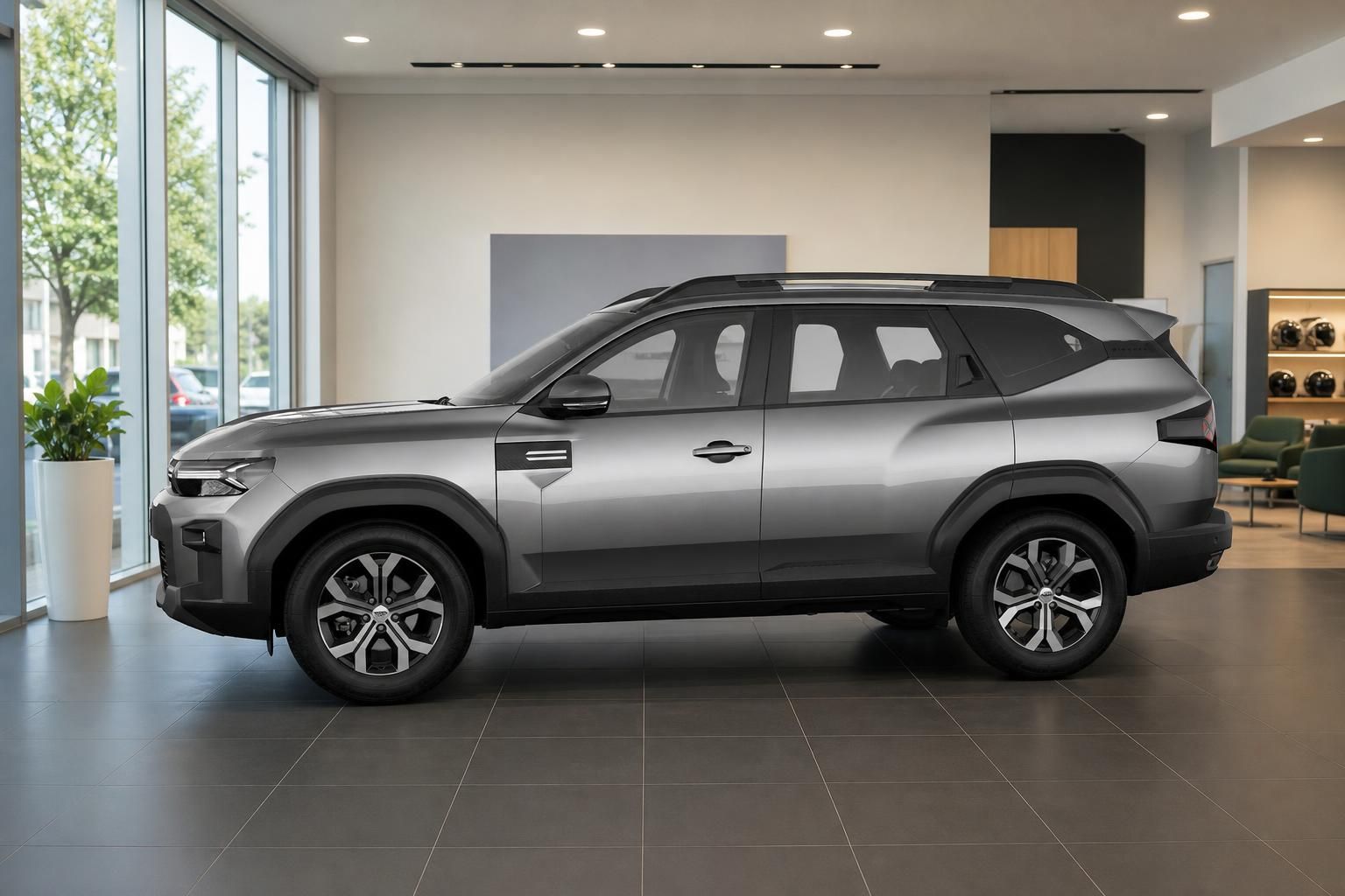 Dacia Bigster grau, Seitenansicht im Showroom