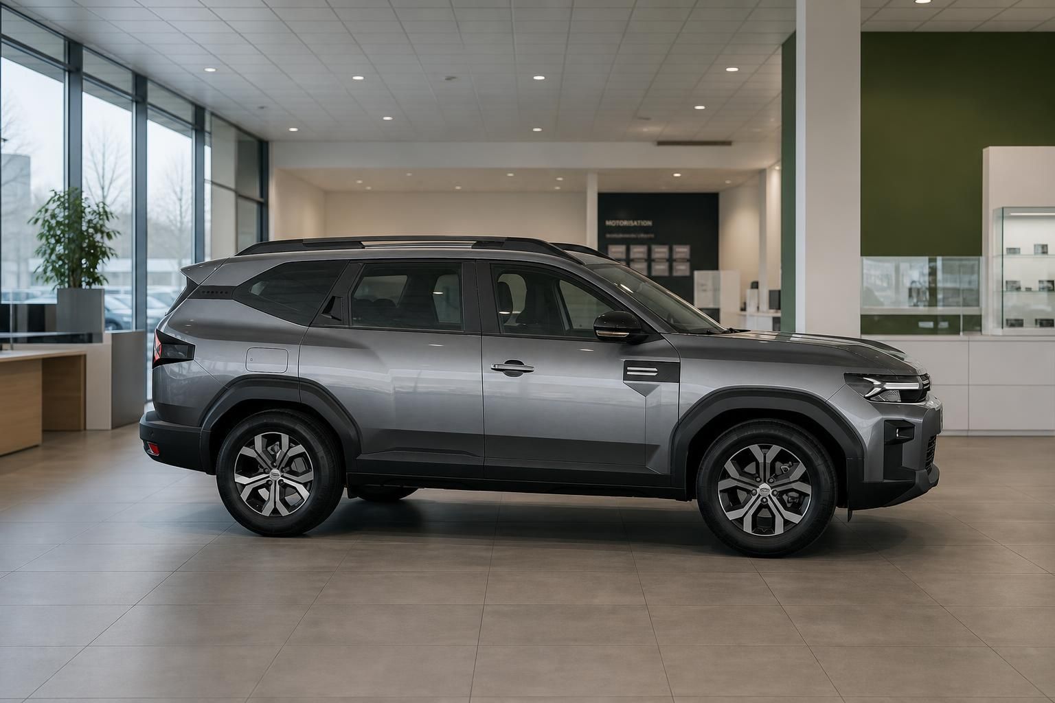 Dacia Bigster grau, Seitenansicht im Showroom des Autohauses
