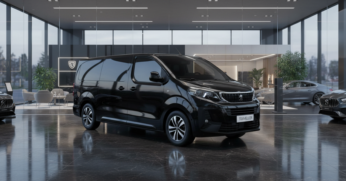 Schwarzer Peugeot Traveller Van im modernen Autohaus-Showroom mit glänzendem Boden und großen Glasfenstern