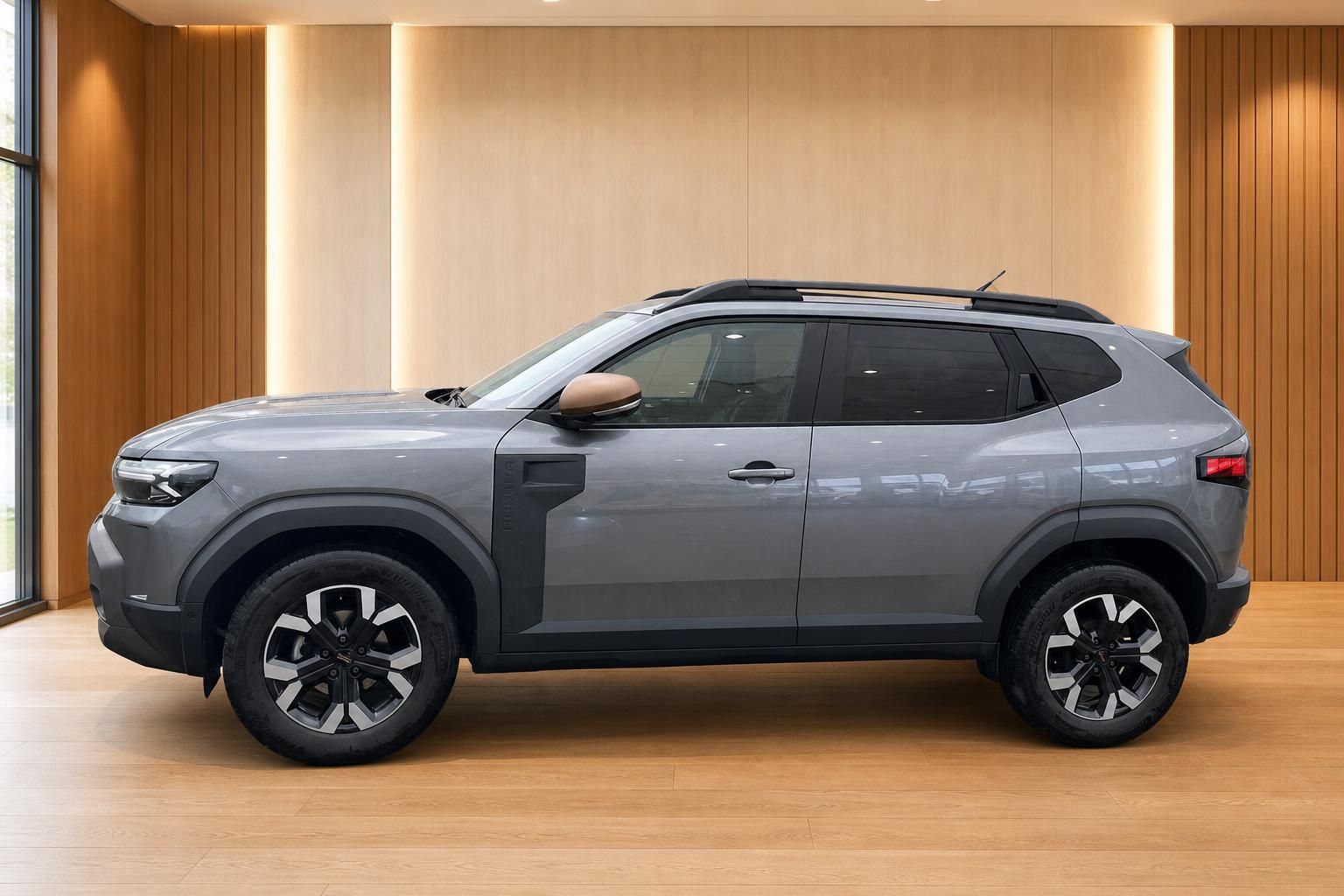 Dacia Duster grau Seitenansicht im Autohaus – kompakter SUV Neufahrzeug