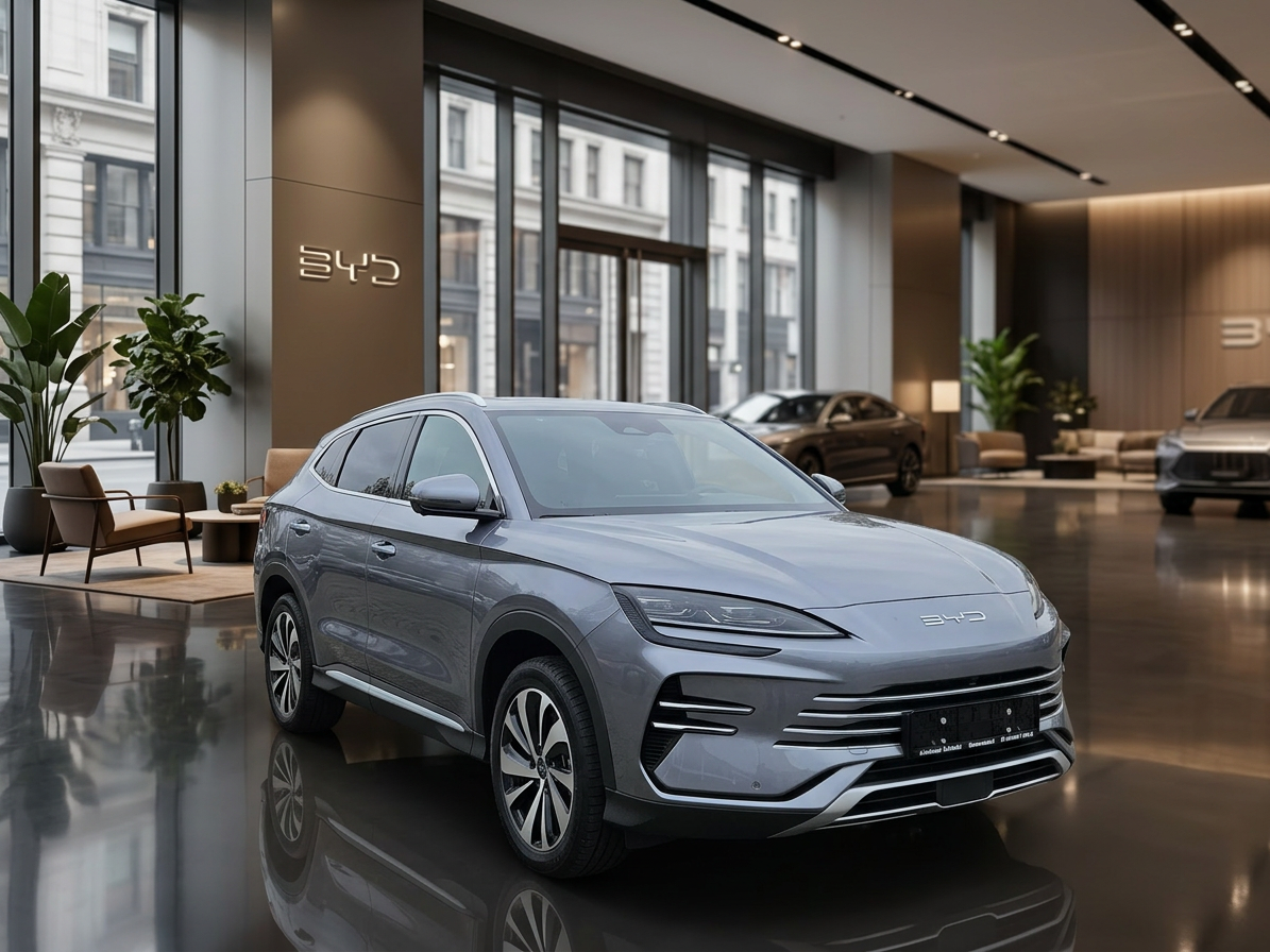 Grauer BYD SUV Frontansicht vor modernem Industriegebäude mit Betonwänden