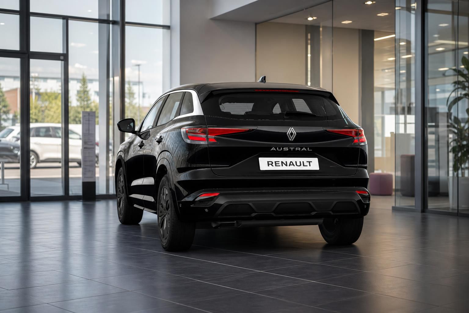 Renault Austral schwarz Heckansicht mit Renault Schriftzug im Autohaus