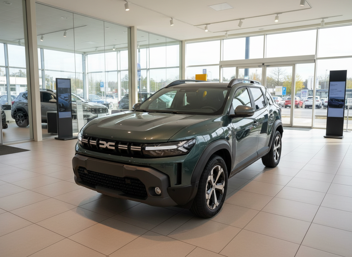 Dacia Duster SUV in Dunkelgrün im Autohaus-Showroom, Frontansicht