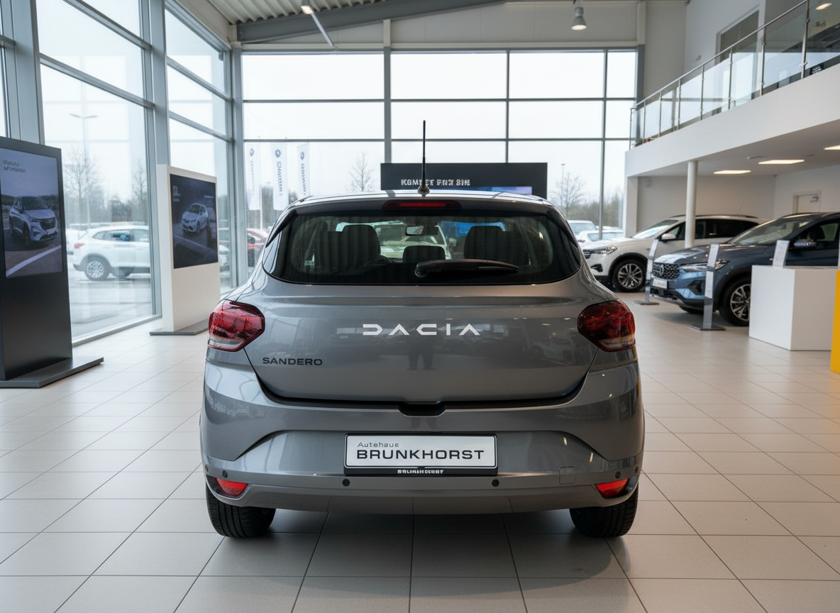 Dacia Sandero in Grau Heckansicht im Autohaus Brunkhorst Showroom