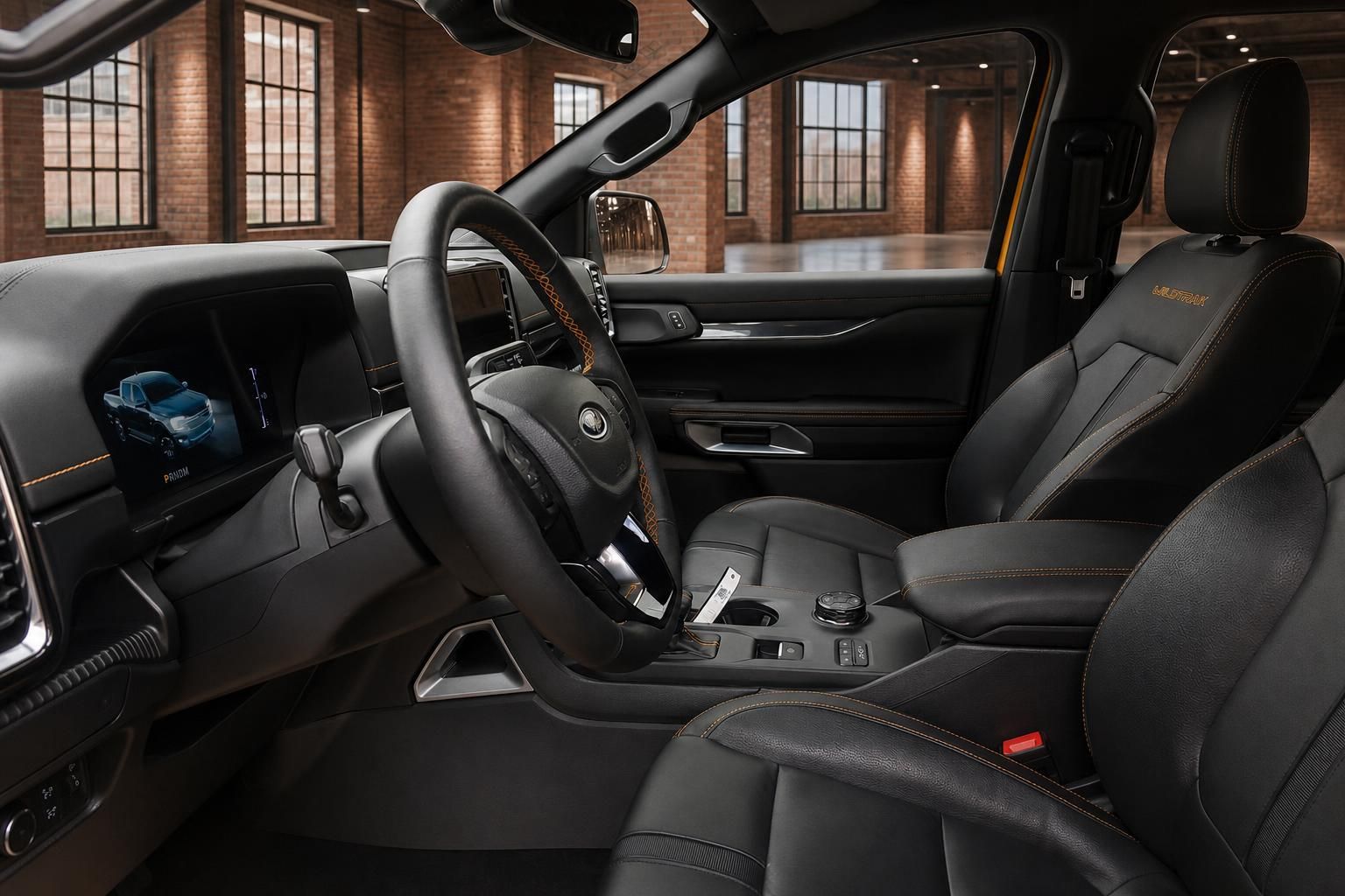 Ford Ranger Wildtrak Innenraum Fahrersitz schwarzes Leder mit oranger Ziernaht Cockpit