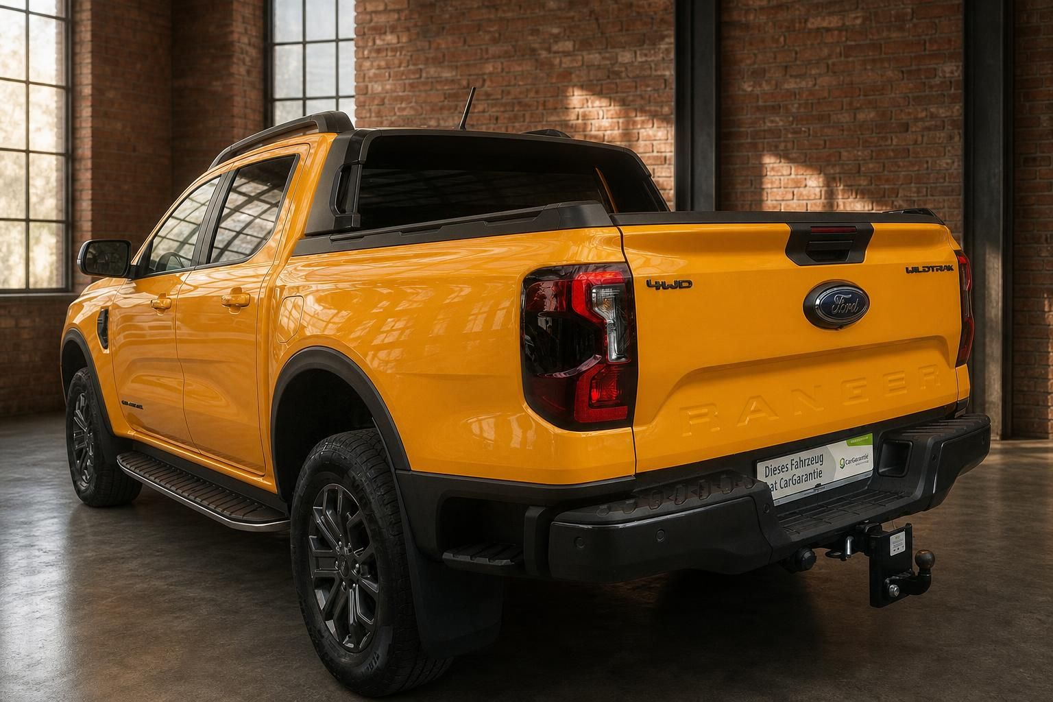 Ford Ranger Wildtrak 4WD in Orange – Heckansicht schräg mit Anhängerkupplung im Showroom