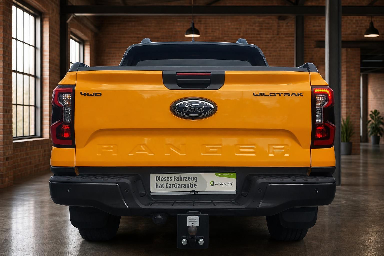 Ford Ranger Wildtrak 4WD in Orange – Heckansicht gerade mit Anhängerkupplung im Showroom