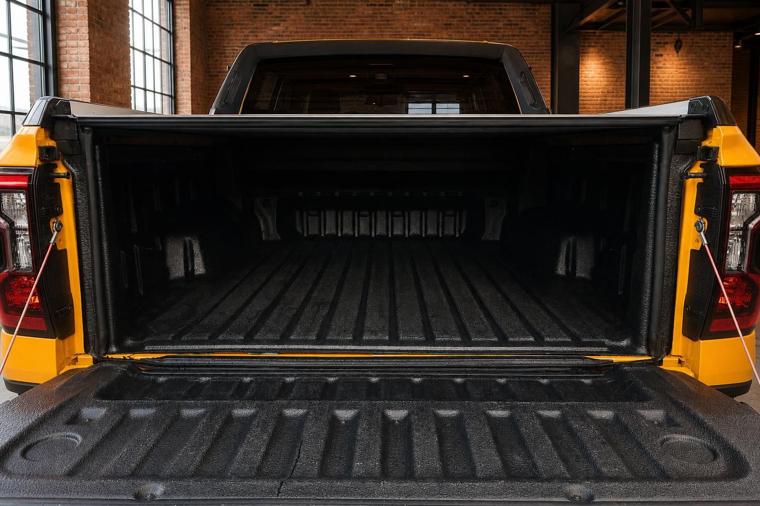 Ford Ranger Wildtrak Orange – offene Ladefläche mit schwarzer Kunststoffauskleidung und Heckklappe