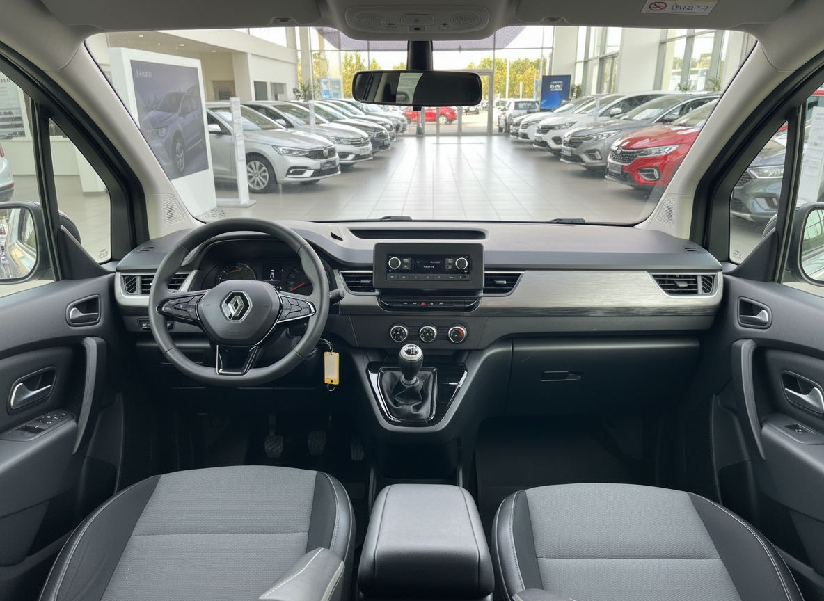 Renault Kangoo Innenraum mit Cockpit, Schaltgetriebe und grauen Stoffsitzen im Autohaus