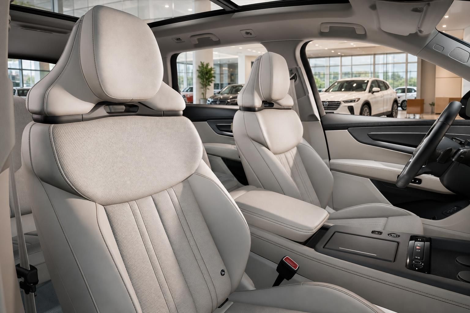 Audi Q9 Innenraum mit hellen Ledersitzen und Panoramadach im Detail