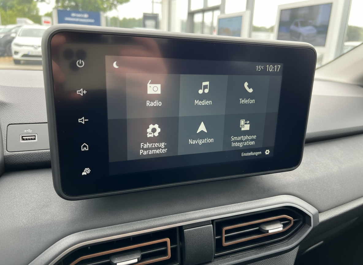 Infotainment-Touchscreen im Dacia mit Navigation, Radio, Medien und Smartphone Integration