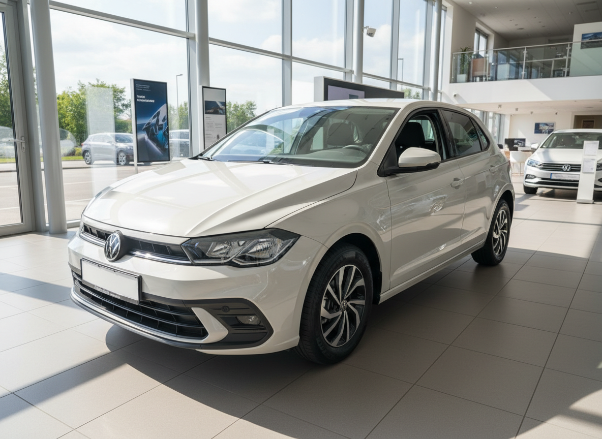 Weißer Volkswagen Polo Schrägheck im VW-Autohaus Showroom