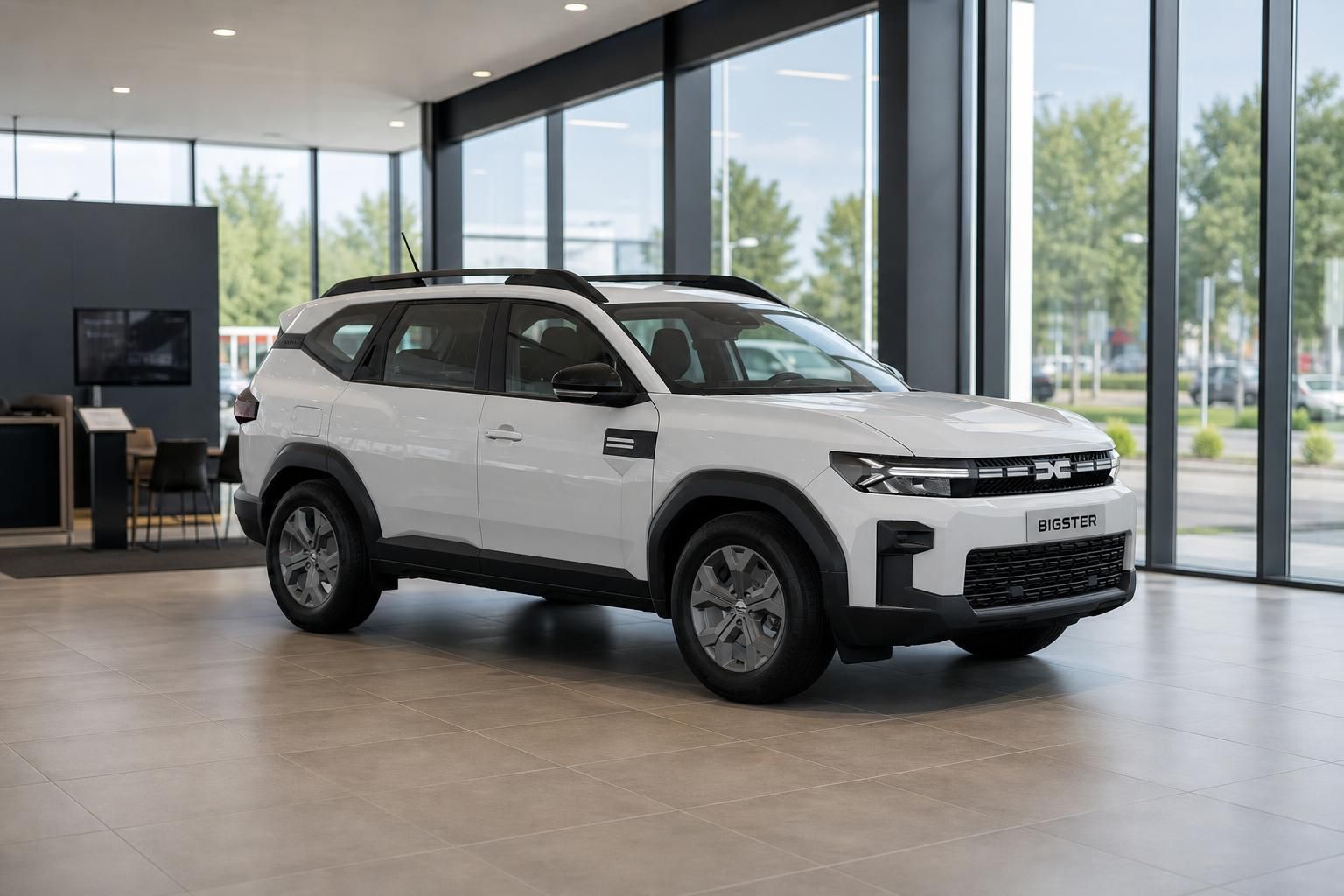 Dacia Bigster weiss Frontansicht schraeg im Showroom