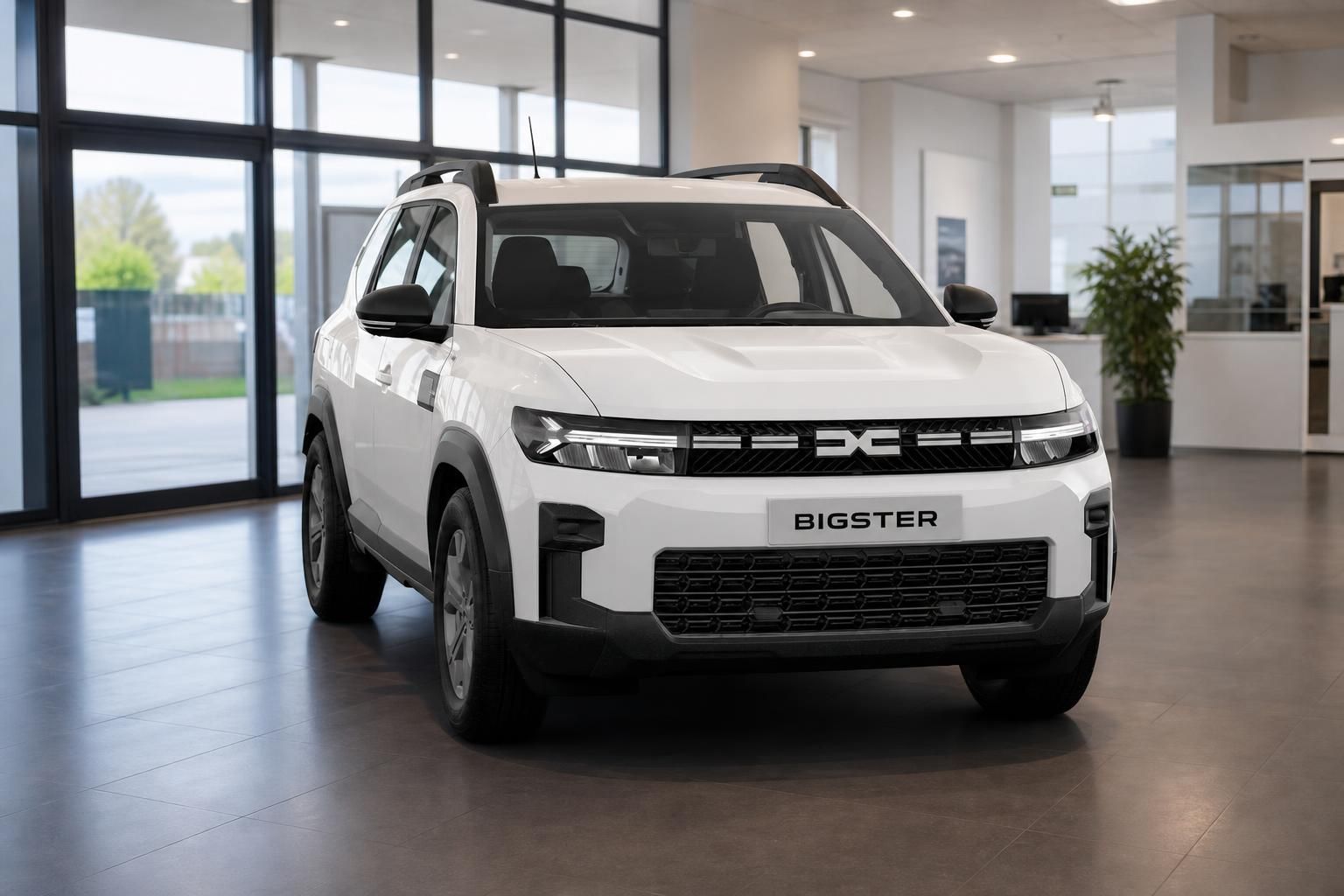 Dacia Bigster weiß in der Frontansicht im Autohaus Showroom