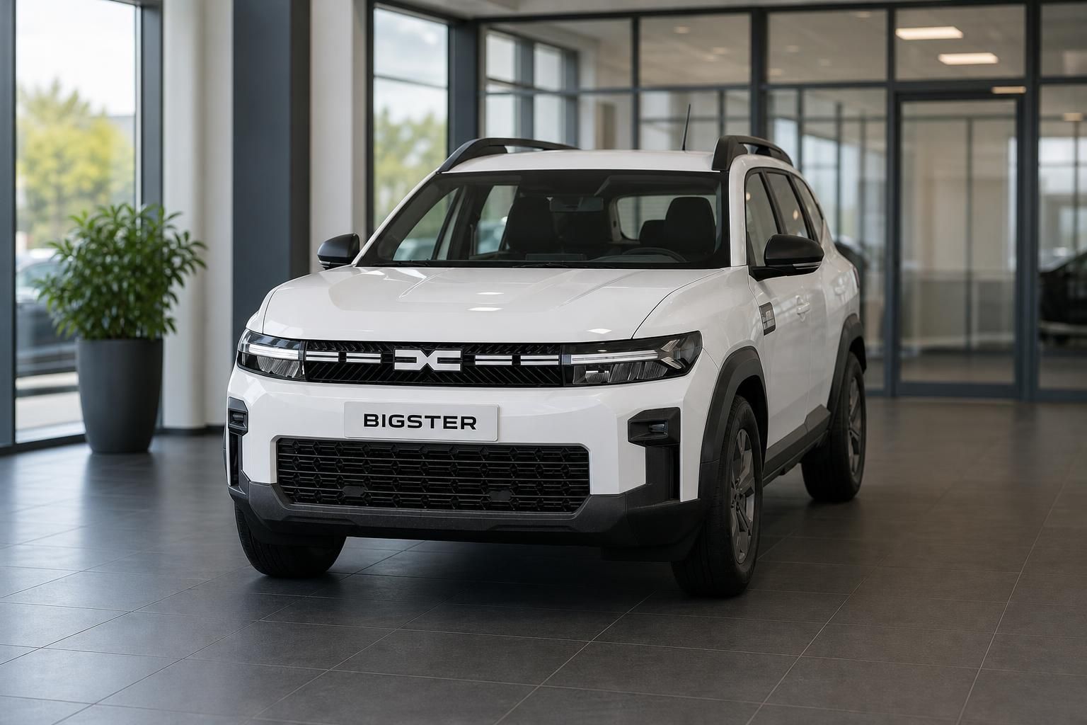 Dacia Bigster weiß Frontansicht im Autohaus Showroom stehend