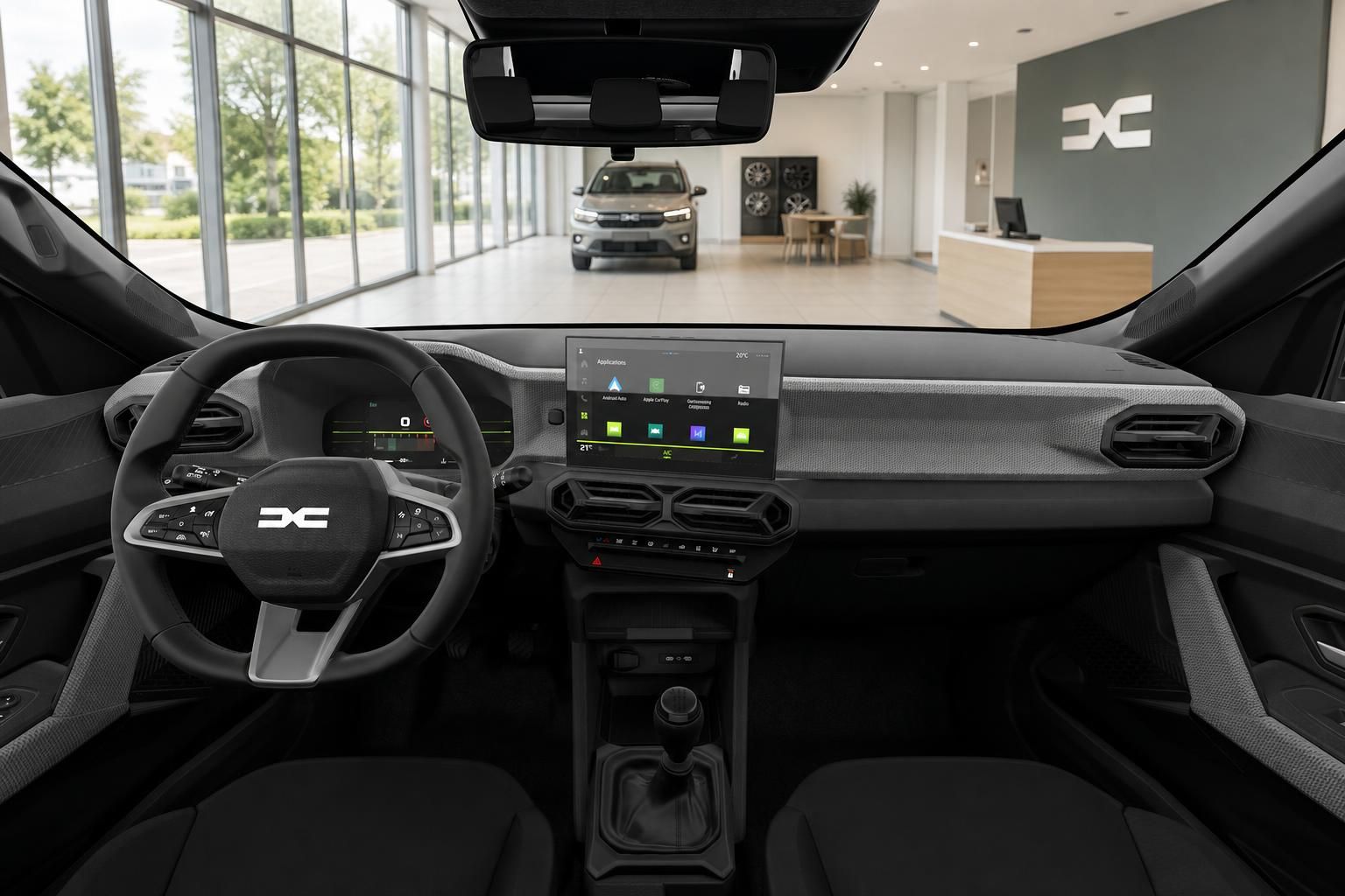 Dacia Innenraum mit Cockpit, Lenkrad und Touchscreen Infotainment