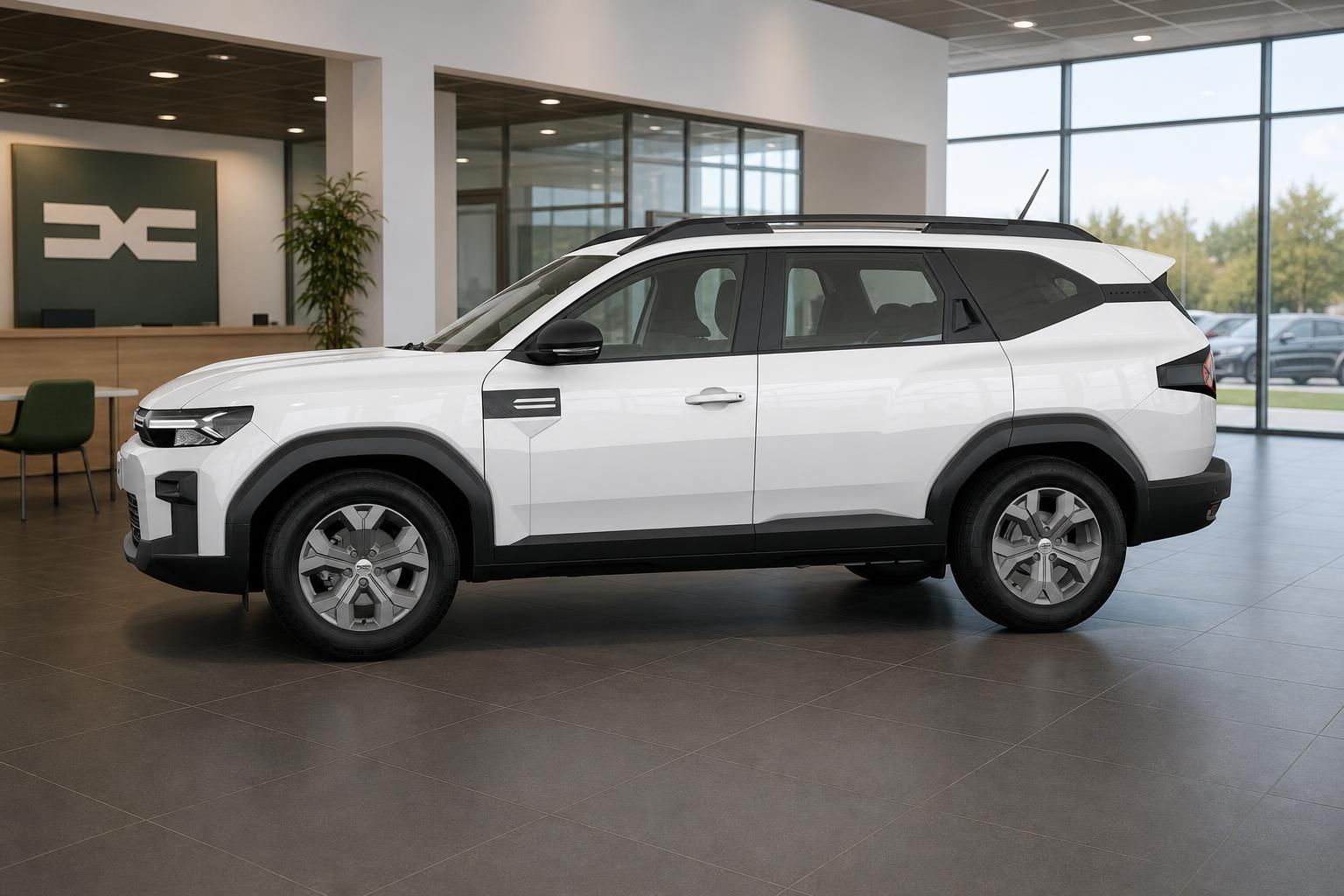 Dacia Bigster weiß Seitenansicht im Autohaus Showroom