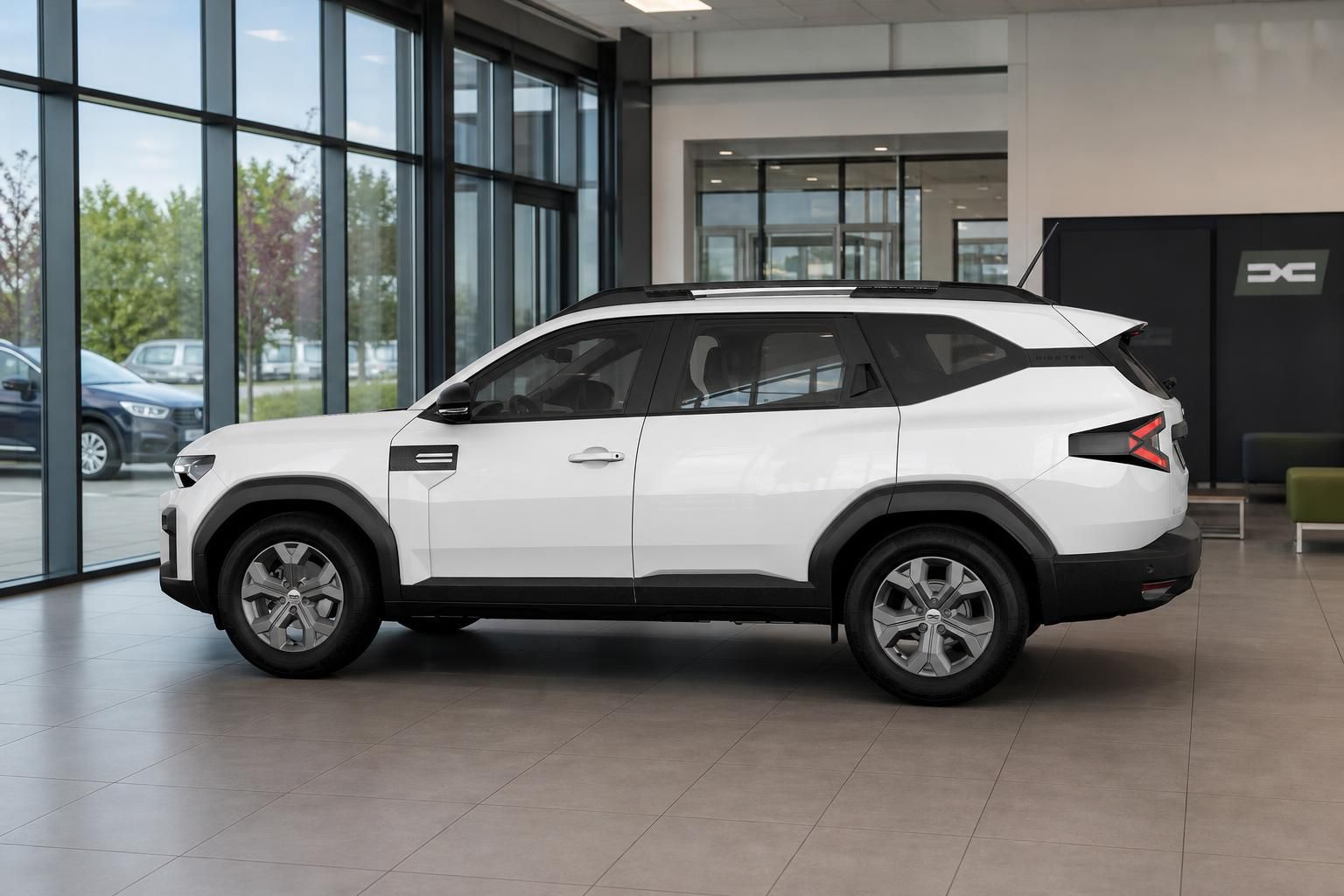 Dacia Bigster weiß Seitenansicht Heck im Autohaus