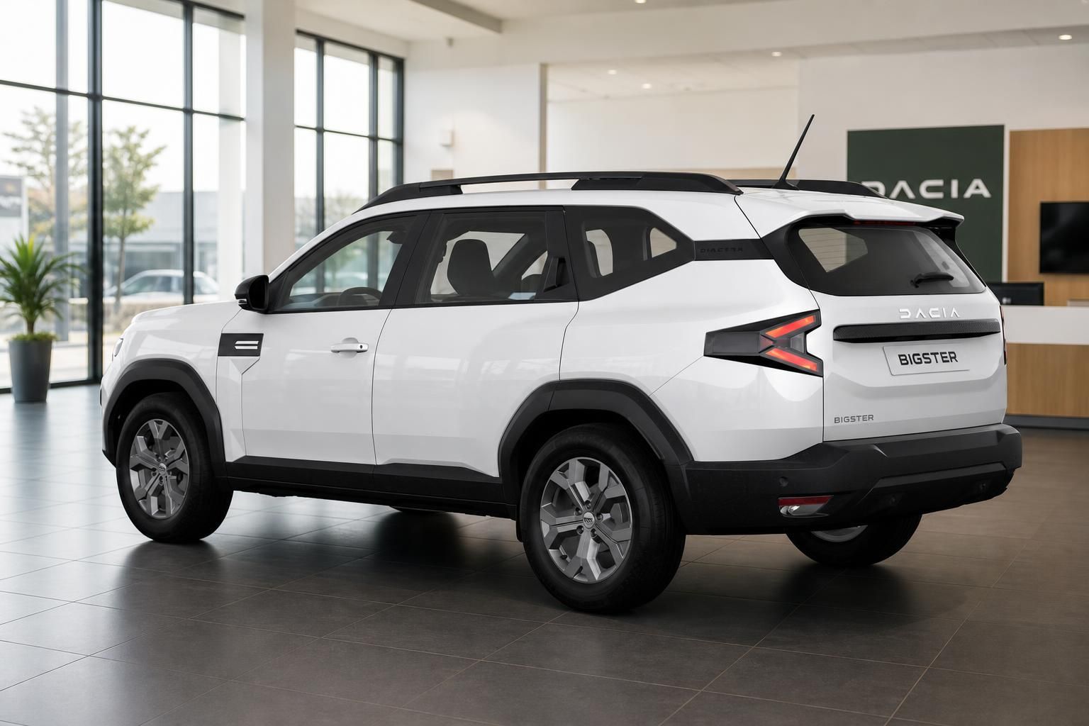 Dacia Bigster weiß Heckansicht seitlich im Showroom
