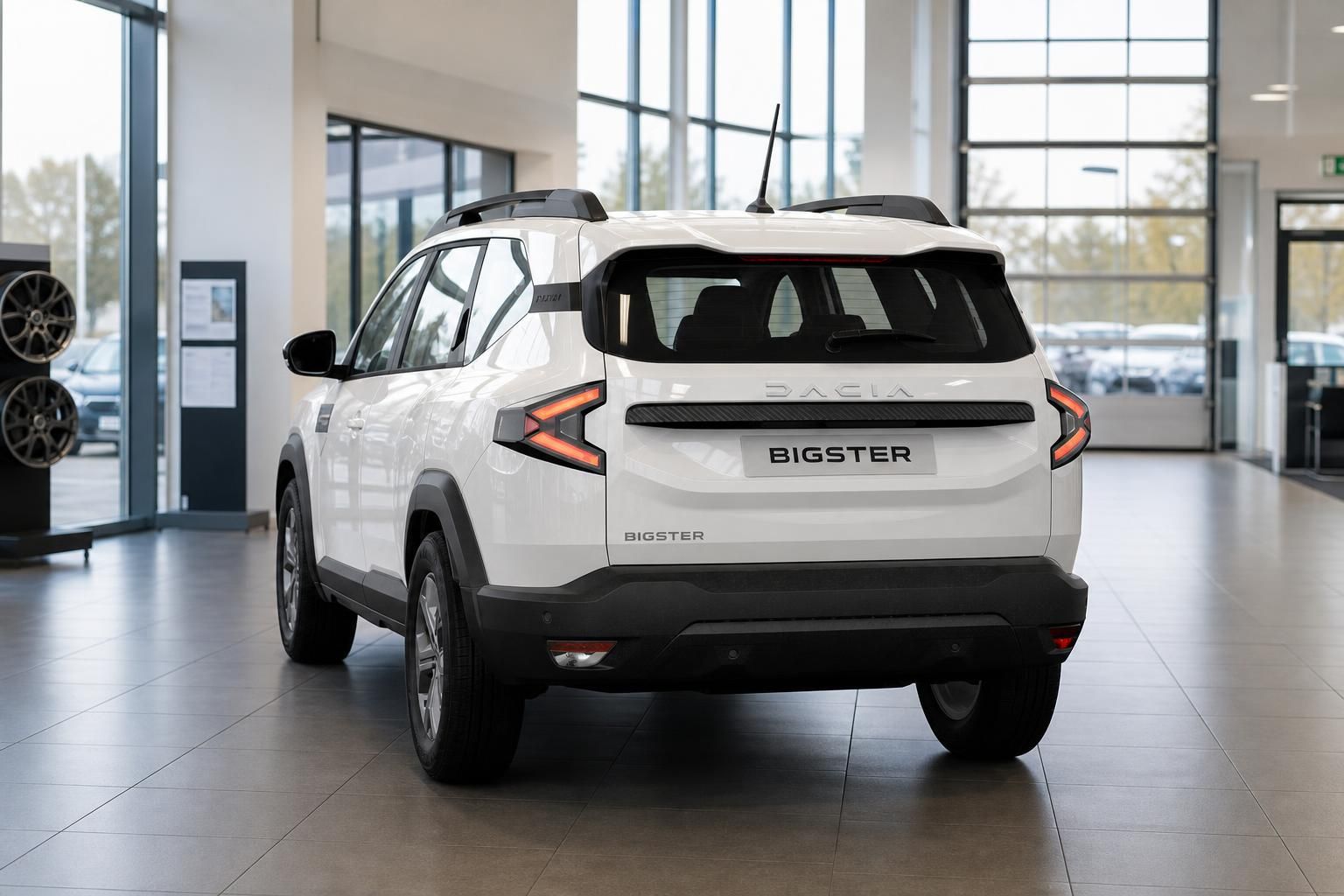 Dacia Bigster weiß Heckansicht direkt im Showroom