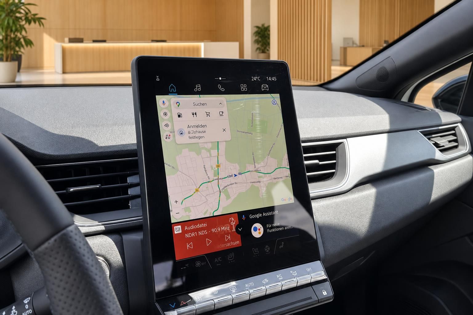 Renault Touchscreen mit Google Maps Navigation und Google Assistant im Fahrzeuginnenraum
