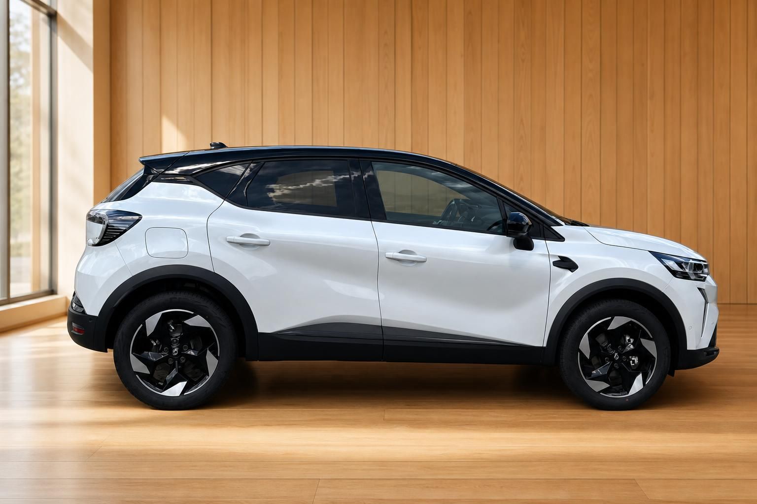 Renault Captur weiss schwarz Seitenansicht im Showroom – kompakter SUV Crossover