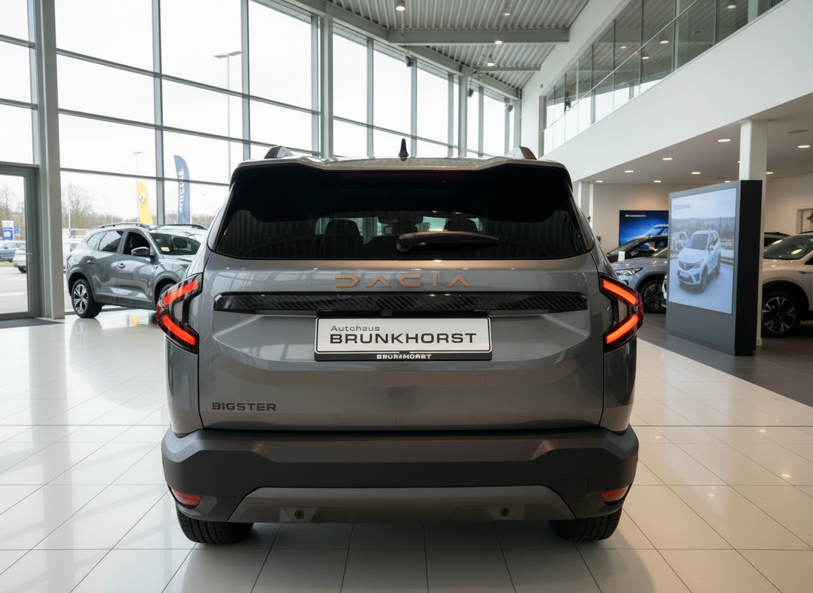 Dacia Bigster SUV Heckansicht in Grau im Autohaus Brunkhorst Showroom