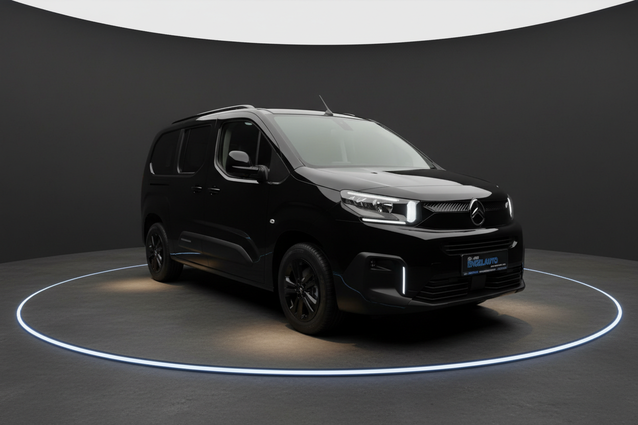 Schwarzer Citroën Berlingo in Studioaufnahme – kompakter Van in Schwarz