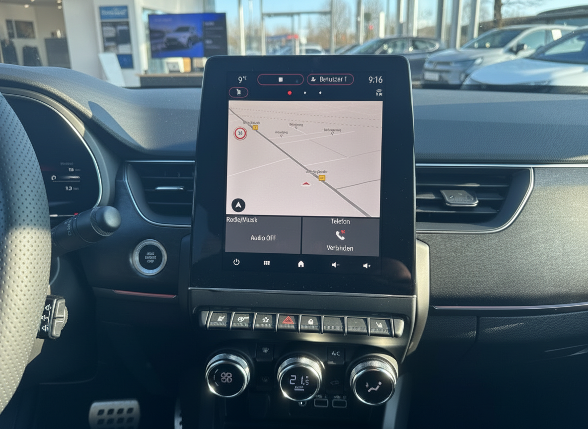 Renault Clio Innenraum mit Touchscreen-Navigation und Klimaanlage-Bedienelement