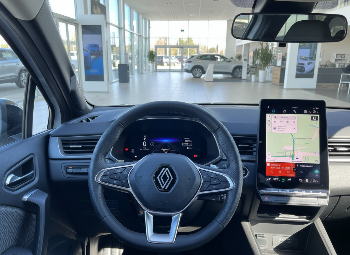 Renault Innenraum mit Lenkrad und großem Touchscreen-Navigationssystem im Autohaus