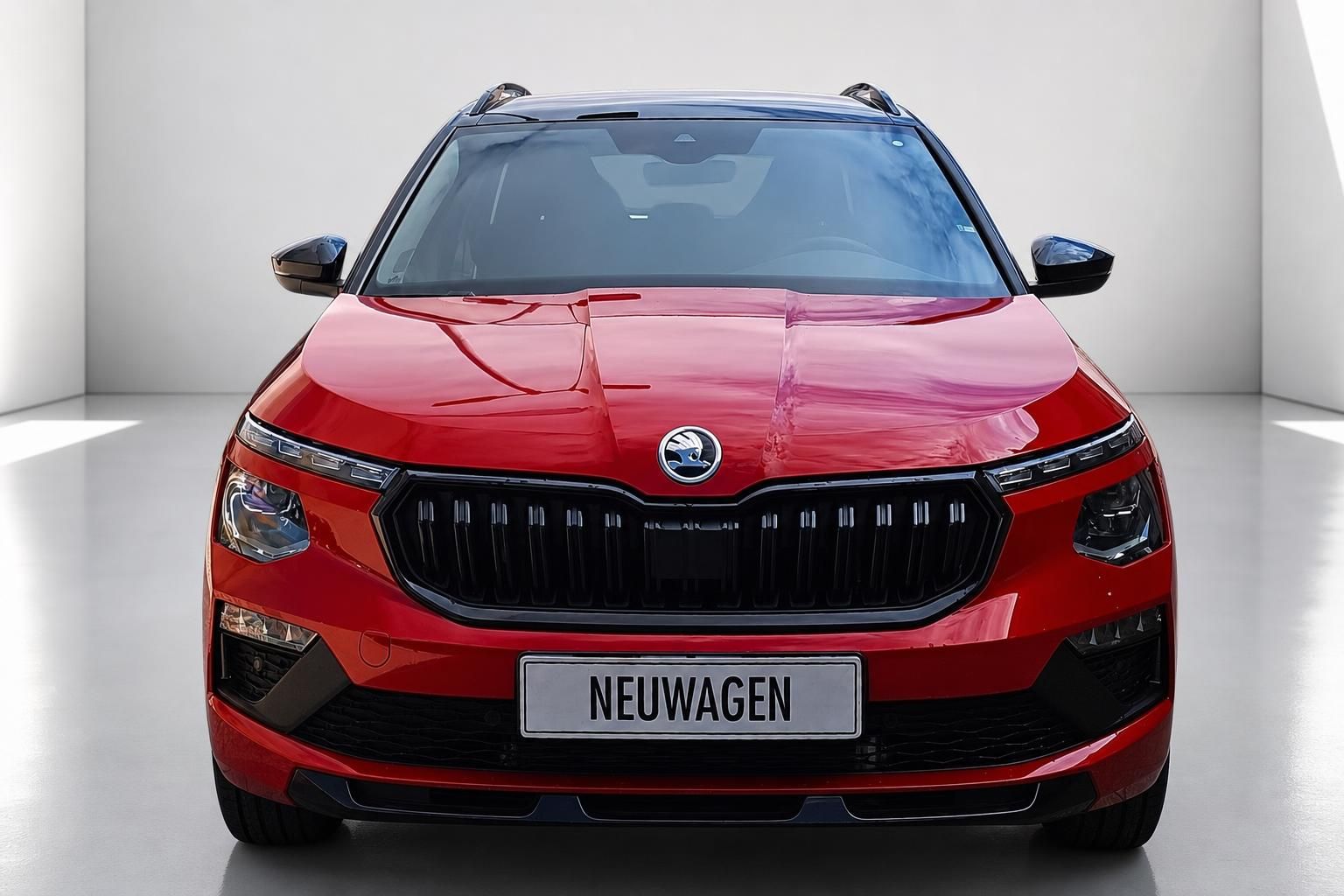 Škoda Kamiq rot, direkte Frontansicht mit Kühlergrill