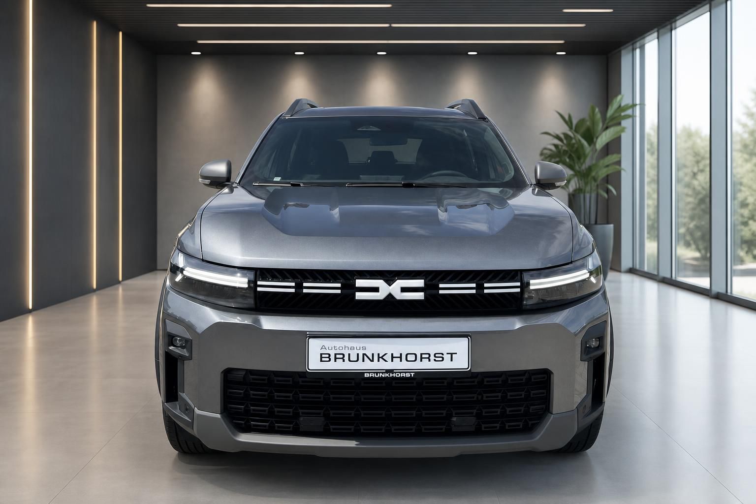 Dacia SUV in Grau, Frontansicht im Showroom von Autohaus Brunkhorst