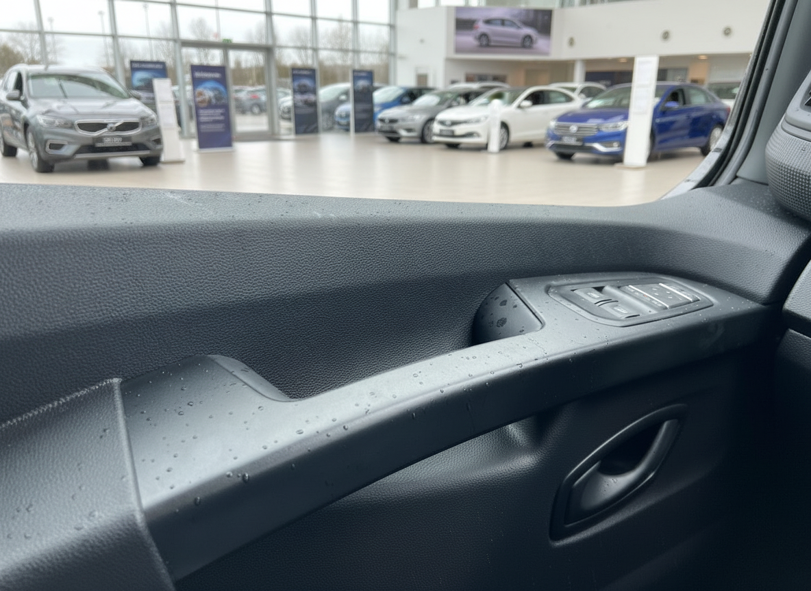 Fahrzeuginnenraum Türverkleidung mit Fensterheber-Schalter, im Hintergrund VW-Autohaus mit mehreren Fahrzeugen