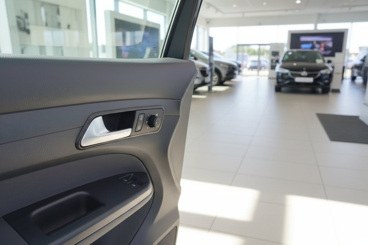 Fahrzeuginnenraum mit Türverkleidung und Spiegeleinstellung im Autohaus